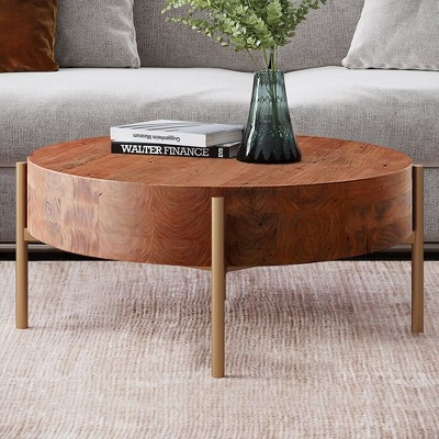Munora Rustic Round Coffee Table with Solid Wood Tabletop and Metal Legs, 27.6" Diameter x 13.8" Height, Natural Finish
