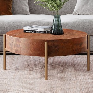 Munora Rustic Round Coffee Table with Solid Wood Tabletop and Metal Legs, 27.6" Diameter x 13.8" Height, Natural Finish - 1 of 4