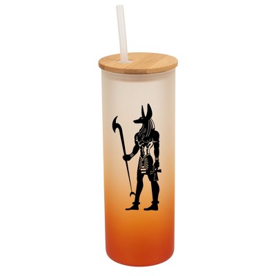 Elanze Designs Anubis Guardian of the Afterlife Orange Frosted Gradient Glass Tumbler with Bamboo Lid & Straw 25 ounce Reusable Iced Coffee or Water