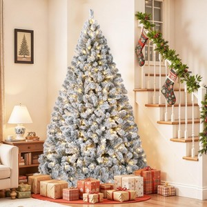 6FT Christmas Tree, Prelit Artificial Christmas Tree w/250 Warm White Lights, Flocked Material, Metal Hinges, Foldable Stand, on/Off Foot Pedal - 1 of 4