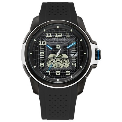 Star Wars Citizen Eco-Drive Imperial Stormtrooper Watch: Black Ion-Plated Stainless Steel Case, Perforated Black Silicone Strap, Black Dial, 3-Hand.