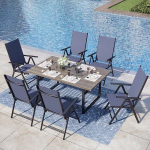 Captiva Designs 7pc Patio Slatt-top Wood-look Metal Table with Umbrella Hole & Textilene Reclining Foldable Chairs - 1 of 4