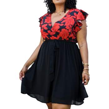 Anna-Kaci  Women's Plus Size Floral Print V Wrap Ruffle Sleeveless Dress