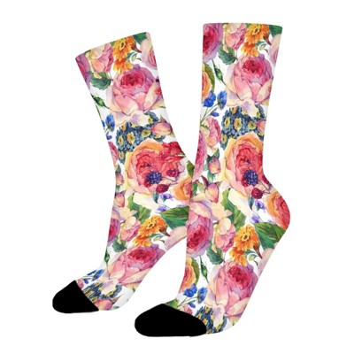 Pink Floral Flowers Orchids Buds Women Printed Crew Socks Funny Funky Socks Soft Polyester Novelty Gifts for Artists Men