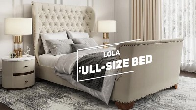 Ivory Linen Upholstered Full Bed with Nailhead Trim and Tufted Headboard