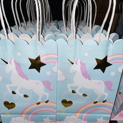 Blue Panda 24 Pack Small Unicorn Favor Bags with Handles, Pastel Rainbow Birthday Party Decorations, 5.5 x 8.6 x 3 in