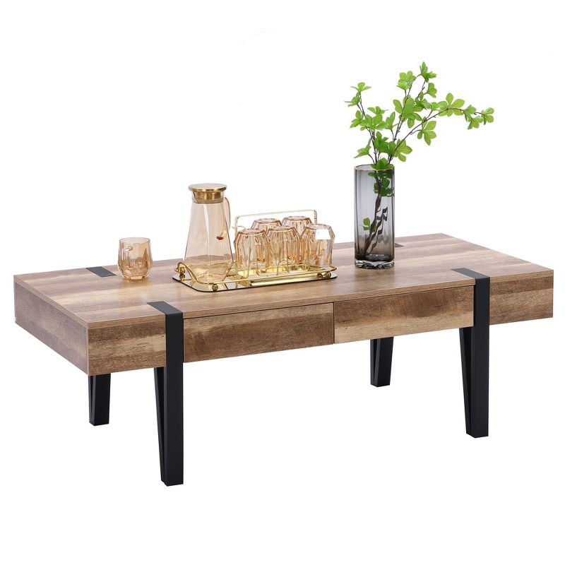 LuxenHome Oak Finish MDF Wood 2-Drawer Coffee Table with Black Metal Legs. Brown, 3 of 15