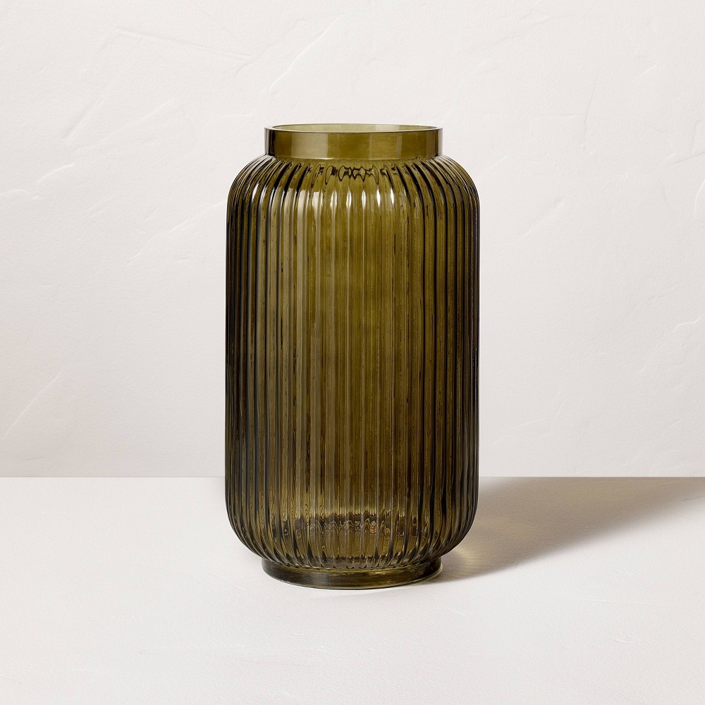 12" Ribbed Glass Jug Vase Dark Green - Hearth & Hand™ with Magnolia ( box damaged)