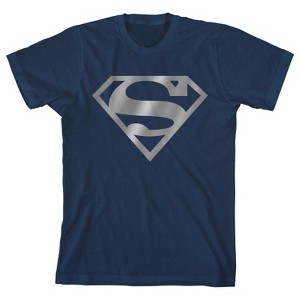 Superman Metallic Silver Logo Boy's Navy Blue T-shirt - 1 of 1