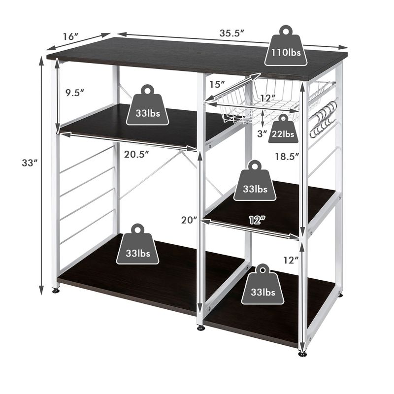 Costway Industrial Kitchen Baker's Rack Microwave Stand Utility Home Shelf w/ 6 Hooks, 3 of 10