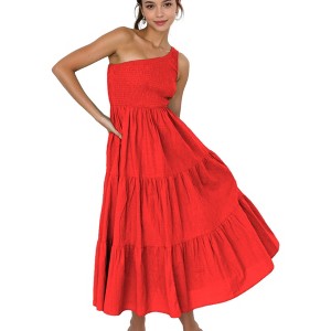 Anna-Kaci Women's Boho Summer One Shoulder Sleeveless Smocked Flowy Tiered Beach Party Maxi Dress- Medium ,Red - 1 of 4