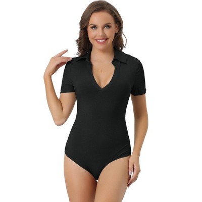 Allegra K Women's Ribbed Lapel Deep V-neck Short Sleeves Stretchy Briefs Bodysuit