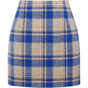 Women's High Waist Plaid Skirt - Wool Blend Bodycon Pencil Mini Skirt Blue - 1 of 4