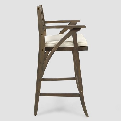 Gray Acacia Wood Barstools with Cream Cushions, Set of 2