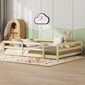 CAVINAS Full Size Wood Montessori Bed,Modern Floor Bed with Fence,Toddler Bed for Bedroom - 1 of 4