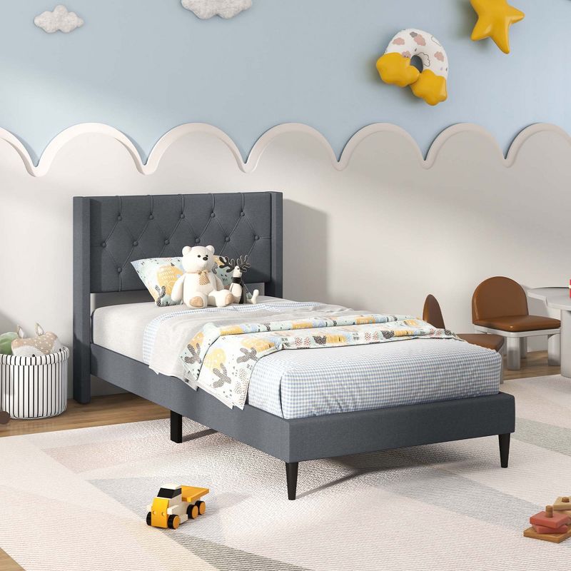 Costway Twin Size Upholstered Platform Bed with Button Tufted Wingback Headboard Blue/Grey, 1 of 11