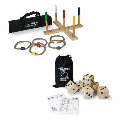 Yard Games Portable Outdoor Playground Wooden Ring Toss Game w/ Carrying Case Bundle w/ Giant Outdoor Indoor Wooden Dice Set w/ Scorecards & Case