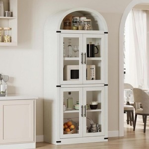 72" Arched Farmhouse Bookshelf - 5 Shelves Tall Wooden Display Cabinet, Glass/Wood Door Storage Cabinet - 1 of 4