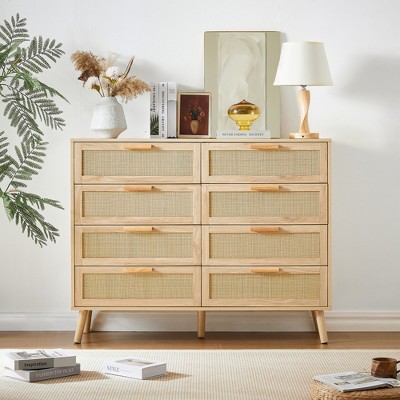 SKRAN Natural Wood Dresser, Mid-Century Modern Storage Cabinet, Rattan Shelves for Living Room,Entryway and Dining Room,Natural Color