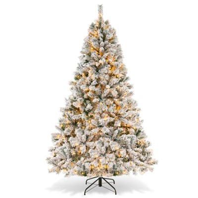 Tangkula 6/7/8 FT Pre-lit Artificial Christmas Tree Hinged Snow-flocked Xmas Tree with 644/956/1370 Branch Tips 300/450/600 Warm White LED Lights