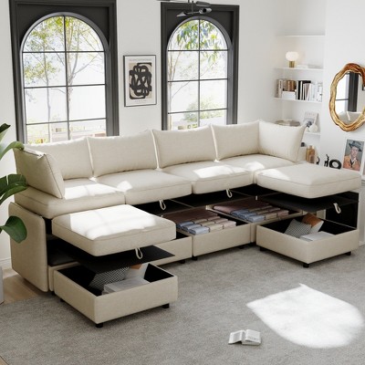 Christopher Knight Home Alvis Modular 129" Storage Sleep U-Sofa,Convertible 98.5" Chenille 4 Seater L-Sofa with Two Ottomans