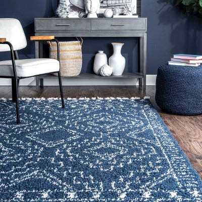 Vasiliki Blue and Ivory Geometric Shag Rectangular Area Rug