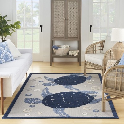 Navy Blue Coastal Turtle Outdoor Area Rug 5'3" x 7'5"