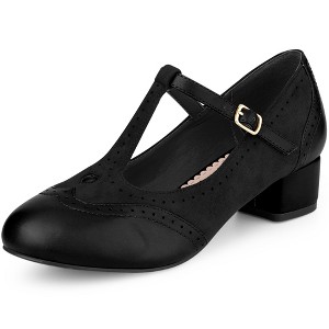 BLISSFUL STEP Women's Round Toe T-Strap Ankle Strap Block Heels Pumps - 1 of 3