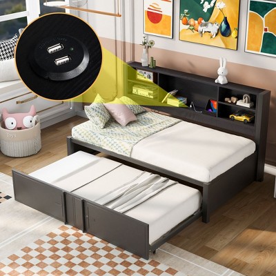 NicBex Metal Twin Size Daybed with Twin Size Trundle,Storage Shelves and USB Ports for Bedroom,Living Room,Apartment