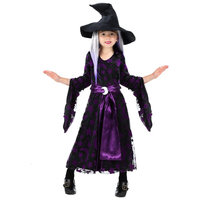HalloweenCostumes.com 4T Girl Girl's Toddler Purple Moon Witch Costume, Black/Purple, 1 of 3