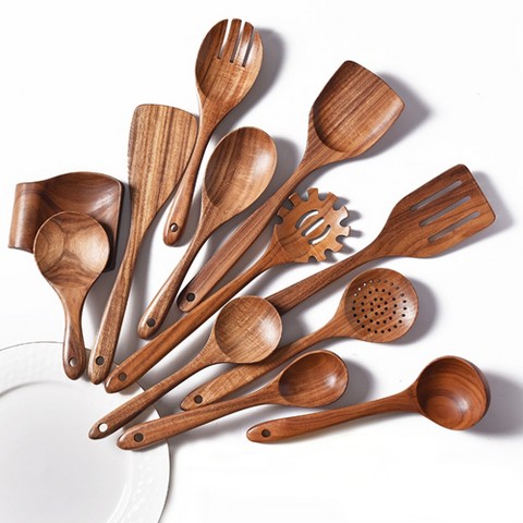 SUGIFT 13-Piece Wooden Kitchen Utensil Set – Acacia Wood Cooking Utensils with Holder, Spoon Rest, and Hanging Hooks