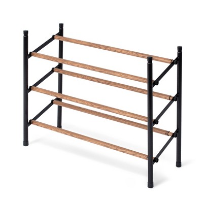 Juvale Free Standing 3 Tier 18 Pair Shoe Rack Shelf Organizer for Entryway Closet, 24"-45" Expandable, Black & Oak Grain Metal