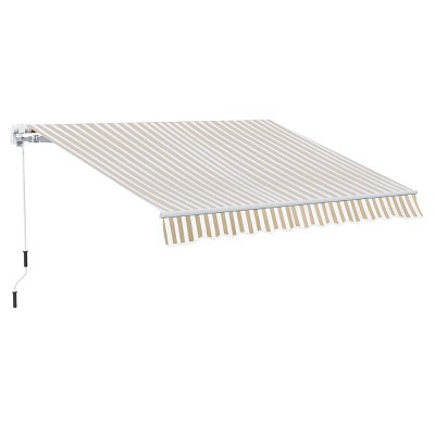 Vynxaria Retractable Awning - 12' x 10' Patio Sunshade Canopy with Manual Crank - Beige and White