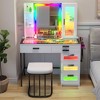 Fredees Vanity: Mirror, LED Lights, Glass Top, Charging Station (Wireless+USB+Type-C), RGB Makeup Table Set with Stool, Organizer, 6 Drawers - 3 of 4