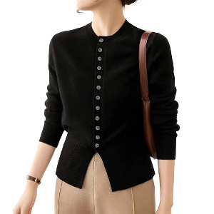 Crewneck Cardigan Sweaters for Women Button Long Sleeve Single Breasted Fashion Tunic Knit Top - 1 of 4