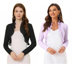 Allegra K Women's Elegant Ruffle Collar Crop Knit Open Front Bolero Shrug 2 Packs - 1 of 4