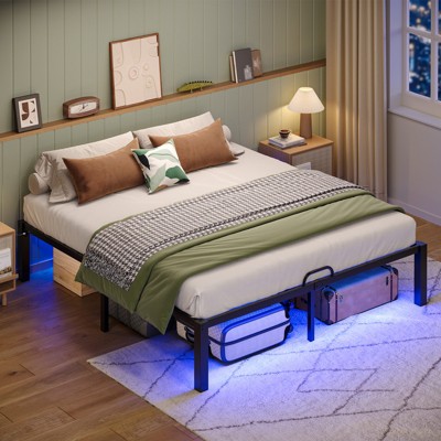 Pinmoco Twin/Queen/King Metal Platform Bed Frame with 16.5'' Large Under Bed Storage Space, Dual LED Lights and Charging Station, Black