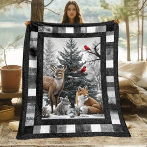 Lomsoe Flannel Throw Blanket with Winter Forest Scene, Deer & Red Cardinals, Natureinspired Decor, Nature Enthusiasts. - 1 of 4