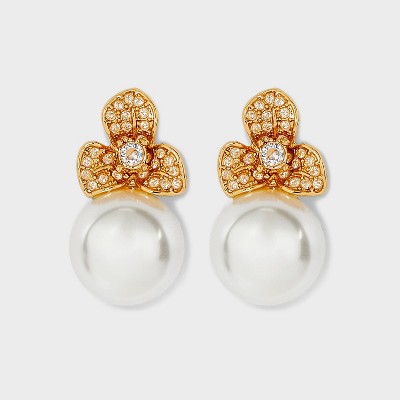 Pearl and Stone Flower Earrings - Gold/White