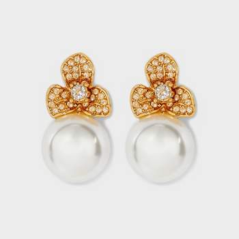 Pearl and Stone Flower Earrings - Gold/White