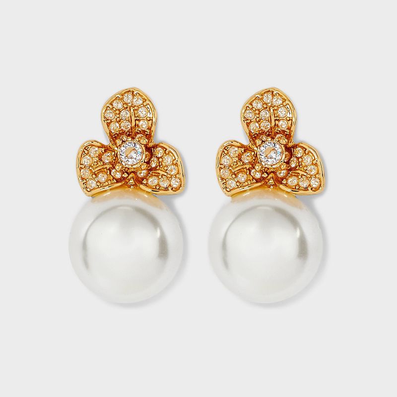 Pearl and Stone Flower Earrings - Gold/White, 1 of 3