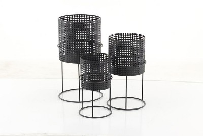 Set of 3 Black Metal Perforated Cylinder Floor Planters