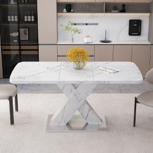 CENGHU Modern Square Dining Table, Printed White Marble Table Top, MDF X-Shape Table Leg with Metal Base, Stretchable End Table for Dining Room - 1 of 4
