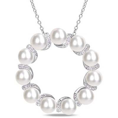 EVERLY JEWELRY | Sterling Silver Cultured Freshwater Pearl and 1/5 CT TW Diamond Circle Pendant with Chain - 18 inch