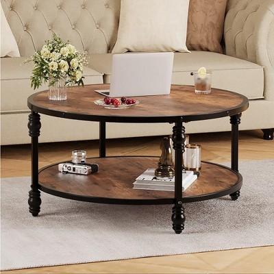 Garvee Coffee Table Round Rustic Center Table with Storage Shelf Wood Circle Coffee Table with Sturdy Metal Legs Living Room