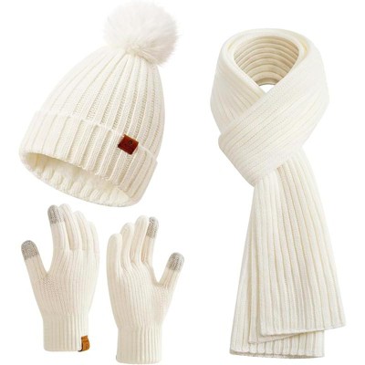 ZUPPAD Womens Long Scarf Gloves and Hat Set Cold Weather Hat Scarf Glove Set for Women Winter Beanie Hats with Pom Pom Hat and Glove Sets