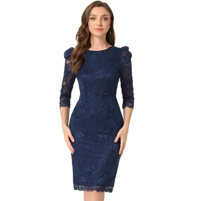 Allegra K Women's Cocktail Elegant Lace Crew Neck 3/4 Sleeve Bodycon Dress  Dark Blue X-large : Target