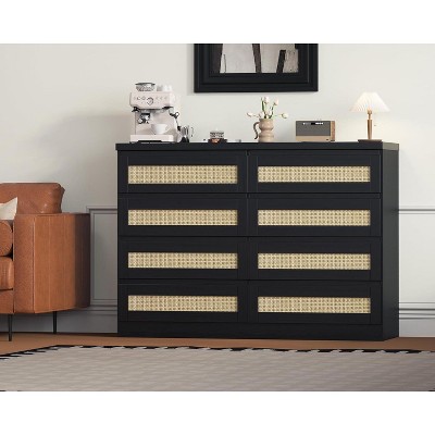 Acekool Rattan 8-Drawer Dresser, Wide Double Chest for Bedroom, TV Stand, Entryway, or Living Room
