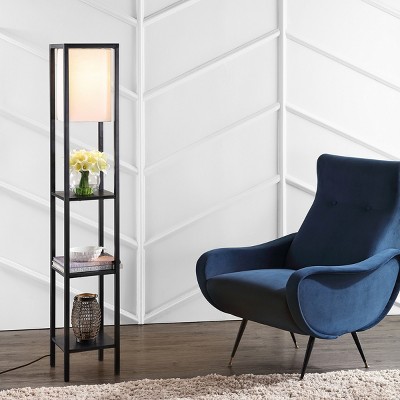 Black Metal Adjustable Shelf Floor Lamp with Off-White Shade