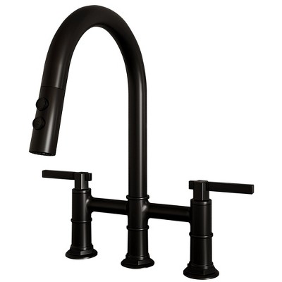 Modern Two Handle 3 Hole Deck Top Bridge Kitchen Faucet with 2 Sprayers 360 Degree Swivel Spout